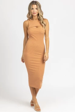 FORE COLLECTION NEW ARRIVALS BUTTER RUM FRONT CUTOUT FITTED MIDI DRESS