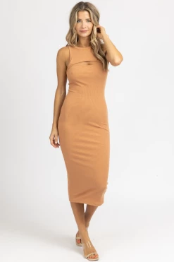 FORE COLLECTION NEW ARRIVALS BUTTER RUM FRONT CUTOUT FITTED MIDI DRESS