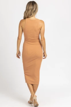 FORE COLLECTION NEW ARRIVALS BUTTER RUM FRONT CUTOUT FITTED MIDI DRESS