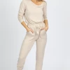 FATE BY LFD BUTTER SOFT TAUPE OFF SHOULDER DRAWSTRING JUMPSUIT