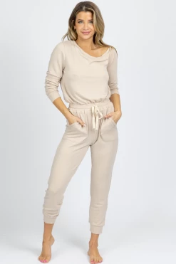 FATE BY LFD BUTTER SOFT TAUPE OFF SHOULDER DRAWSTRING JUMPSUIT