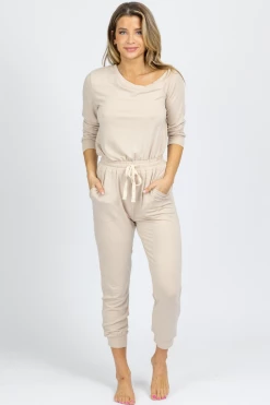 FATE BY LFD BUTTER SOFT TAUPE OFF SHOULDER DRAWSTRING JUMPSUIT