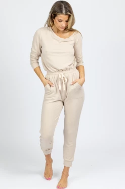 FATE BY LFD BUTTER SOFT TAUPE OFF SHOULDER DRAWSTRING JUMPSUIT