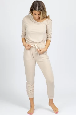 FATE BY LFD BUTTER SOFT TAUPE OFF SHOULDER DRAWSTRING JUMPSUIT