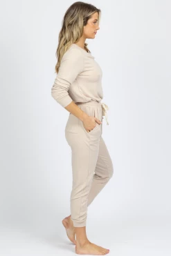 FATE BY LFD BUTTER SOFT TAUPE OFF SHOULDER DRAWSTRING JUMPSUIT