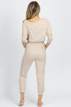 FATE BY LFD BUTTER SOFT TAUPE OFF SHOULDER DRAWSTRING JUMPSUIT