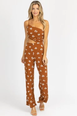 ENDLESS BLU CAMEL ABSTRACT OPEN SIDE ONE SHOULDER JUMPSUIT
