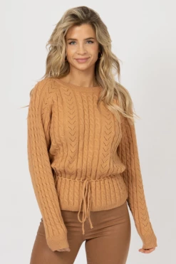 WISHLIST CAMEL CABLEKNIT WAIST CINCH SWEATER CLOTHING