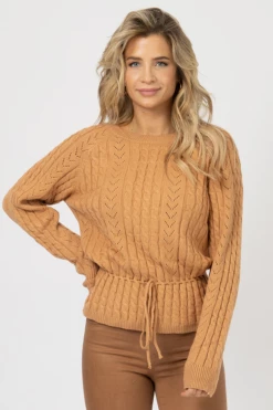 WISHLIST CAMEL CABLEKNIT WAIST CINCH SWEATER CLOTHING