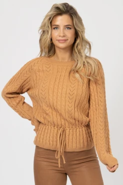 WISHLIST CAMEL CABLEKNIT WAIST CINCH SWEATER CLOTHING