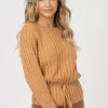 WISHLIST CAMEL CABLEKNIT WAIST CINCH SWEATER CLOTHING
