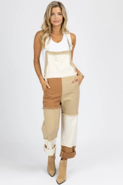 BLUE BLUSH NEUTRAL COLORBLOCK PATCHWORK OVERALL NEW ARRIVALS