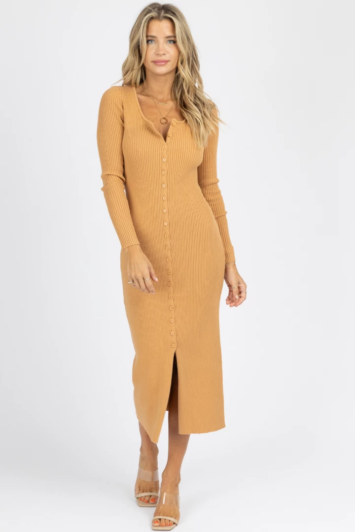DEE ELLY NEW ARRIVALS CAMEL RIBBED KNIT BUTTON FRONT MIDI DRESS 2 DEE ELLY NEW ARRIVALS CAMEL RIBBED KNIT BUTTON FRONT MIDI DRESS