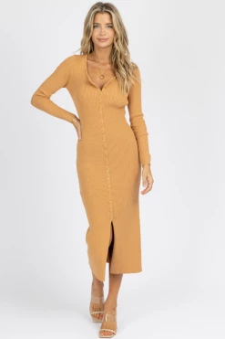 DEE ELLY NEW ARRIVALS CAMEL RIBBED KNIT BUTTON FRONT MIDI DRESS