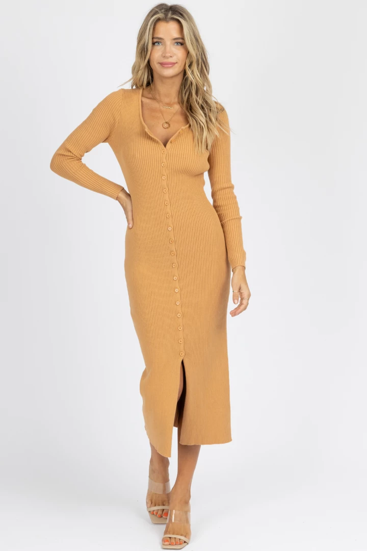 DEE ELLY NEW ARRIVALS CAMEL RIBBED KNIT BUTTON FRONT MIDI DRESS 1 DEE ELLY NEW ARRIVALS CAMEL RIBBED KNIT BUTTON FRONT MIDI DRESS