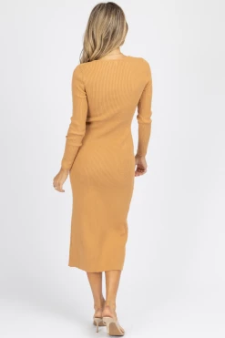 DEE ELLY NEW ARRIVALS CAMEL RIBBED KNIT BUTTON FRONT MIDI DRESS 9 DEE ELLY NEW ARRIVALS CAMEL RIBBED KNIT BUTTON FRONT MIDI DRESS