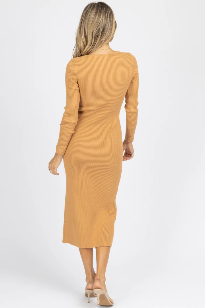 DEE ELLY NEW ARRIVALS CAMEL RIBBED KNIT BUTTON FRONT MIDI DRESS 5 DEE ELLY NEW ARRIVALS CAMEL RIBBED KNIT BUTTON FRONT MIDI DRESS