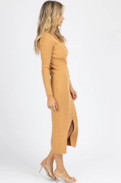 DEE ELLY NEW ARRIVALS CAMEL RIBBED KNIT BUTTON FRONT MIDI DRESS 8 DEE ELLY NEW ARRIVALS CAMEL RIBBED KNIT BUTTON FRONT MIDI DRESS
