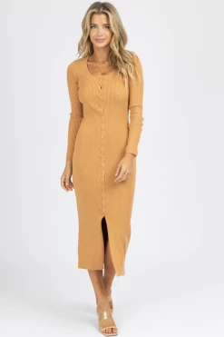 DEE ELLY NEW ARRIVALS CAMEL RIBBED KNIT BUTTON FRONT MIDI DRESS 7 DEE ELLY NEW ARRIVALS CAMEL RIBBED KNIT BUTTON FRONT MIDI DRESS