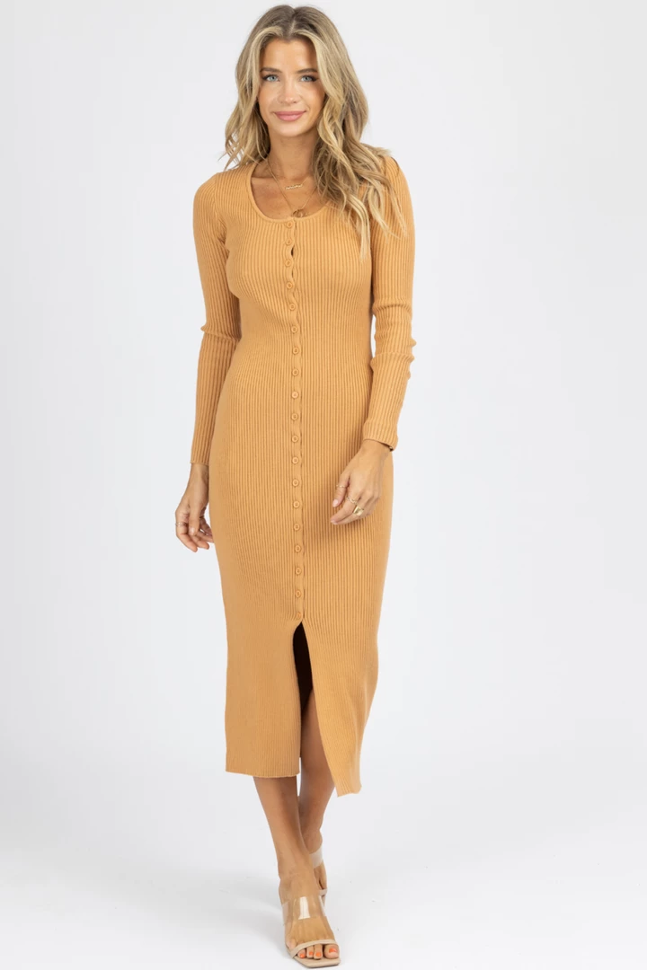 DEE ELLY NEW ARRIVALS CAMEL RIBBED KNIT BUTTON FRONT MIDI DRESS 3 DEE ELLY NEW ARRIVALS CAMEL RIBBED KNIT BUTTON FRONT MIDI DRESS