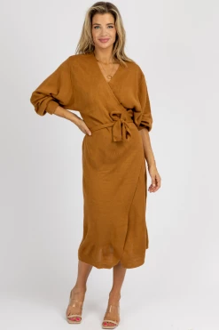 MABLE CAMEL KNIT WRAP SWEATER MIDI DRESS NEW ARRIVALS