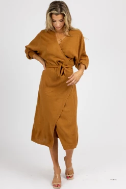 MABLE CAMEL KNIT WRAP SWEATER MIDI DRESS NEW ARRIVALS