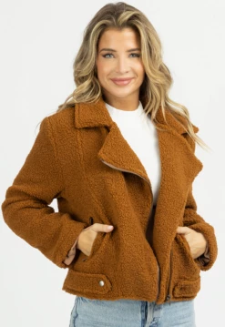 OLIVACEOUS CAMEL SHERPA COLLARED ZIP COAT NEW ARRIVALS