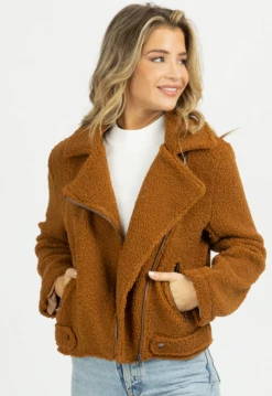 OLIVACEOUS CAMEL SHERPA COLLARED ZIP COAT NEW ARRIVALS