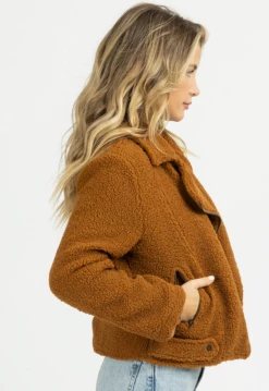 OLIVACEOUS CAMEL SHERPA COLLARED ZIP COAT NEW ARRIVALS