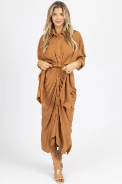 MABLE CAMEL TENCEL BUTTON DOWN SHIRT DRESS NEW ARRIVALS