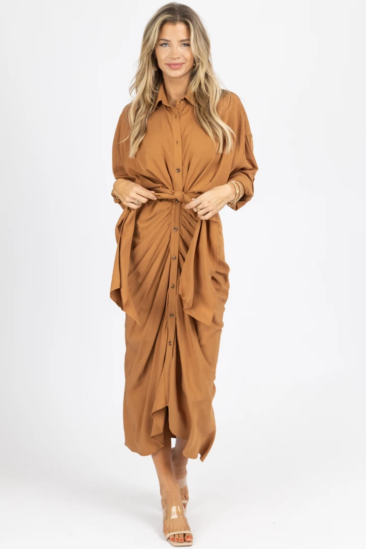 MABLE CAMEL TENCEL BUTTON DOWN SHIRT DRESS NEW ARRIVALS 1 MABLE CAMEL TENCEL BUTTON DOWN SHIRT DRESS NEW ARRIVALS