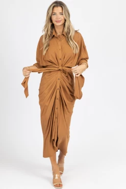 MABLE CAMEL TENCEL BUTTON DOWN SHIRT DRESS NEW ARRIVALS