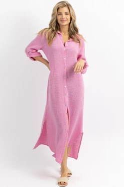 VENTI6 CANDY PINK GAUZE MAXI SHIRT DRESS