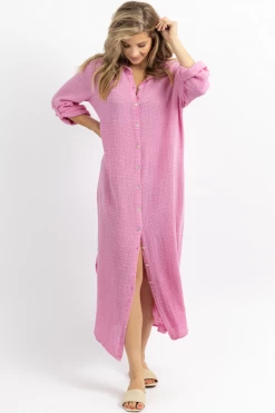 VENTI6 CANDY PINK GAUZE MAXI SHIRT DRESS