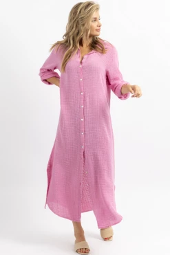 VENTI6 CANDY PINK GAUZE MAXI SHIRT DRESS