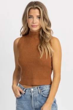 L'ABEYE NEW ARRIVALS CARAMEL MOCK NECK KNIT TANK