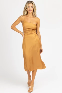 ENDLESS BLU CARAMEL O-RING SATIN ONE SHOULDER MIDI DRESS NEW ARRIVALS
