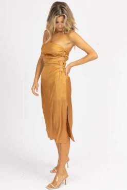 ENDLESS BLU CARAMEL O-RING SATIN ONE SHOULDER MIDI DRESS NEW ARRIVALS