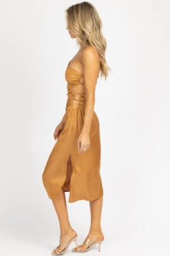 ENDLESS BLU CARAMEL O-RING SATIN ONE SHOULDER MIDI DRESS NEW ARRIVALS