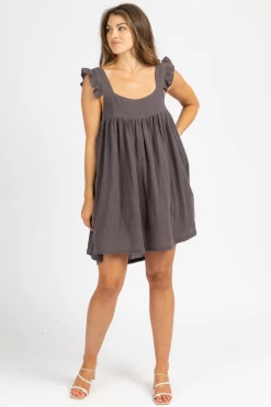 OLIVACEOUS CARBON LINEN RUFFLE STRAP MINI DRESS CLOTHING