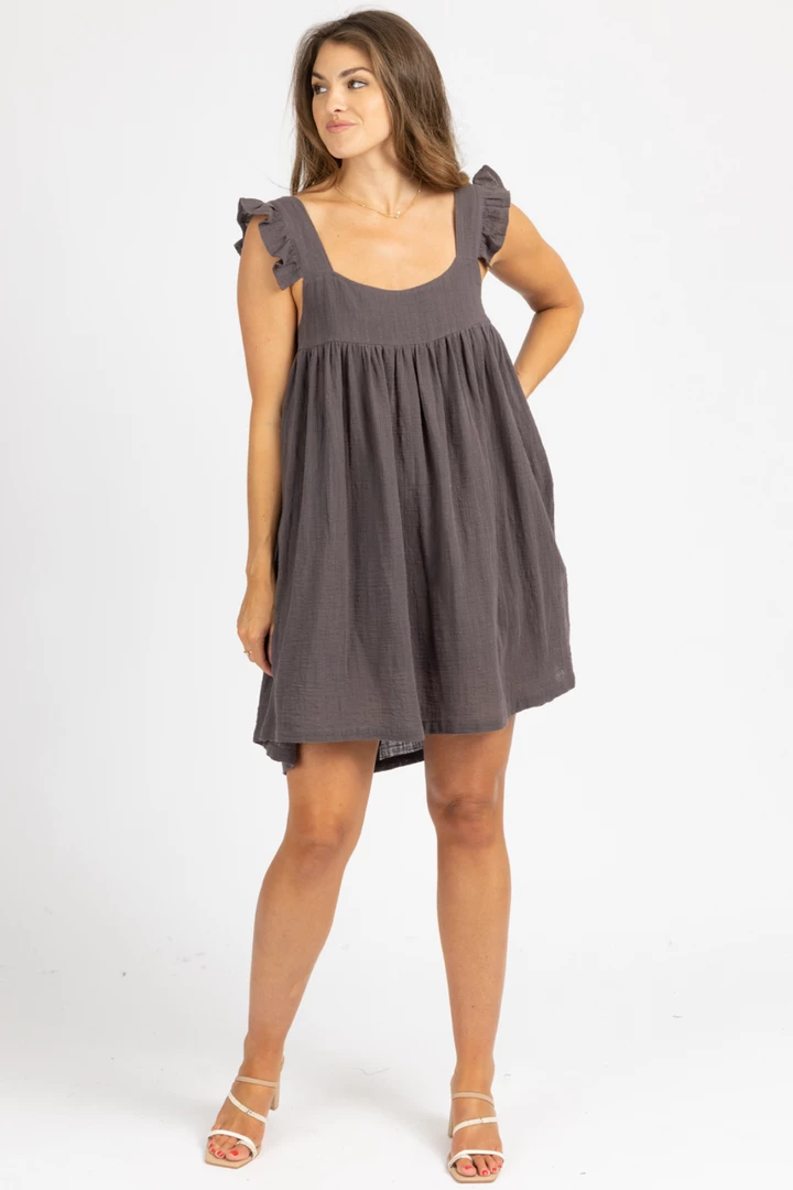 OLIVACEOUS CARBON LINEN RUFFLE STRAP MINI DRESS CLOTHING 1 OLIVACEOUS CARBON LINEN RUFFLE STRAP MINI DRESS CLOTHING