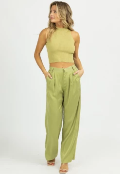 EMORY PARK CELERY SATIN HIGH WAISTED WIDE LEG TROUSERS NEW ARRIVALS