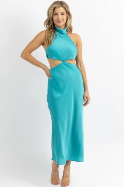 EDIT BY NINE NEW ARRIVALS CENOTE BLUE MOCK NECK SATIN MAXI DRESS