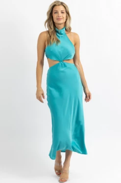 EDIT BY NINE NEW ARRIVALS CENOTE BLUE MOCK NECK SATIN MAXI DRESS