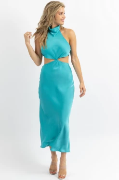 EDIT BY NINE NEW ARRIVALS CENOTE BLUE MOCK NECK SATIN MAXI DRESS