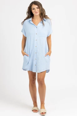 BLUIVY BUTTON UP POCKET DRESS IN CHAMBRAY