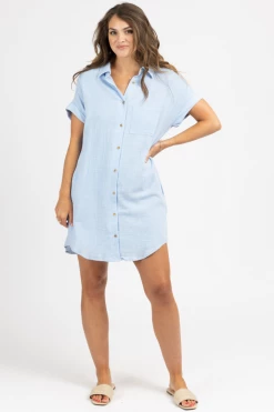 BLUIVY BUTTON UP POCKET DRESS IN CHAMBRAY