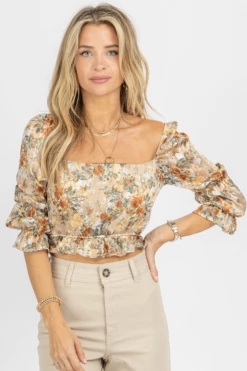 ENDLESS BLU CHAMPAGNE FLORAL PUFF SLEEVE CROP 10 ENDLESS BLU CHAMPAGNE FLORAL PUFF SLEEVE CROP