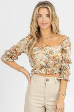 ENDLESS BLU CHAMPAGNE FLORAL PUFF SLEEVE CROP 11 ENDLESS BLU CHAMPAGNE FLORAL PUFF SLEEVE CROP