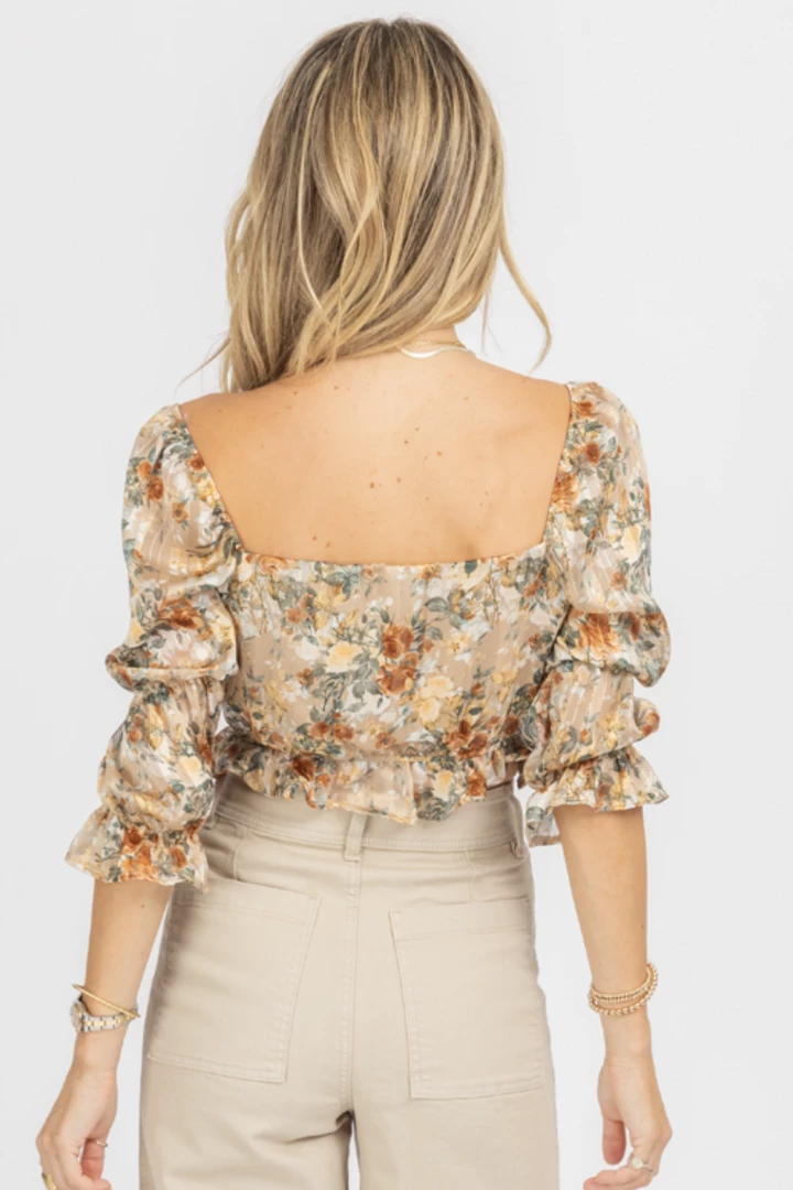 ENDLESS BLU CHAMPAGNE FLORAL PUFF SLEEVE CROP 7 ENDLESS BLU CHAMPAGNE FLORAL PUFF SLEEVE CROP